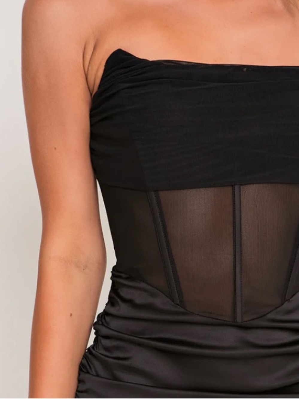 Mesh Drape Front Ruched Satin Corset Dress Black - Picture 3 of 9